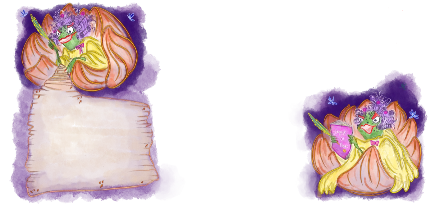 The Marquise of Croac writing memoirs in a glowing blossom, with an empty parchment panel, by Liss Ampuero. Click to enlarge.