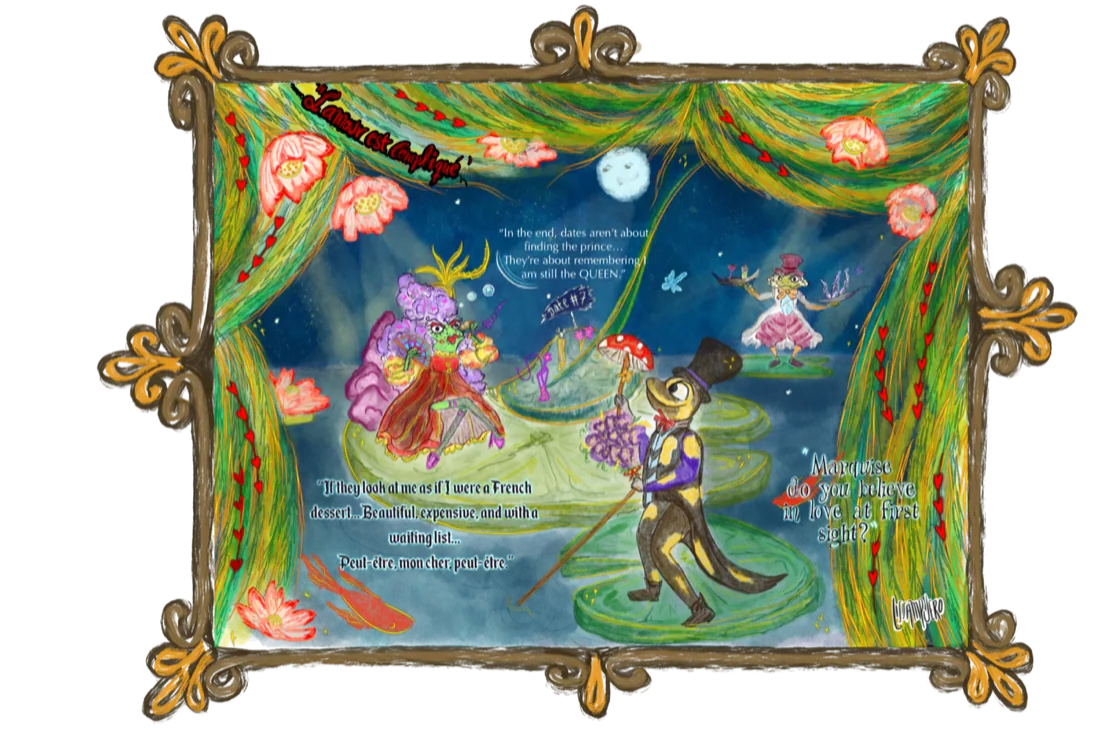 Illustrated theatre scene: the Marquise on a lily-pad date, with captions in French and English, by Liss Ampuero. Click to enlarge.