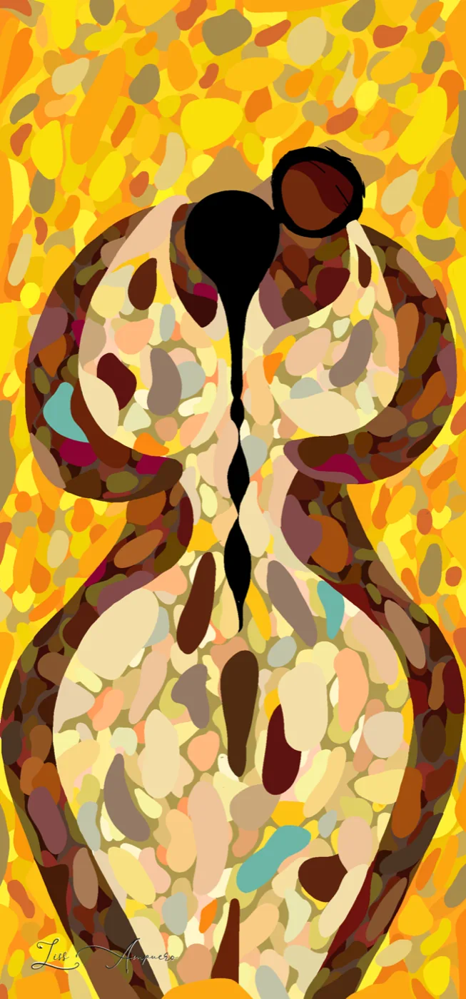 Paper bookmark with a mosaic embrace on warm gold, by Liss Ampuero.