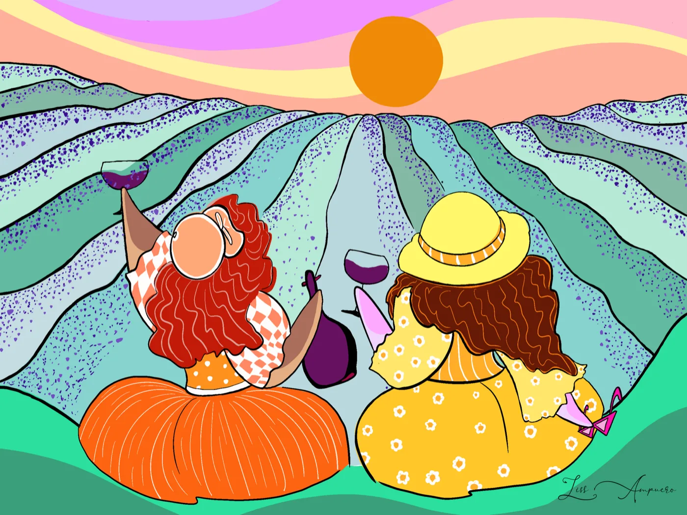 Illustrated calendar plate: two women toasting wine over lavender fields at sunset, by Liss Ampuero.