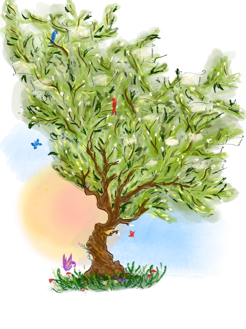 Story-tree illustration with birds, mushrooms, and a golden moon, by Liss Ampuero.