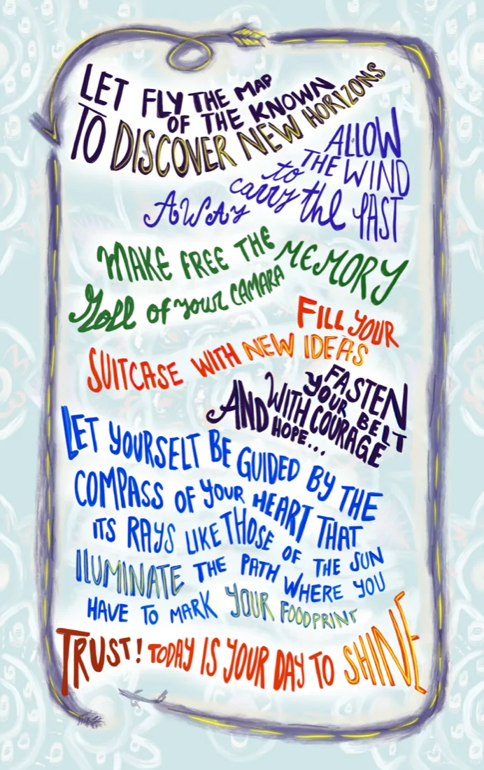 Travel card back: hand-lettered quotes inside a stitched luggage-tag frame, by Liss Ampuero.