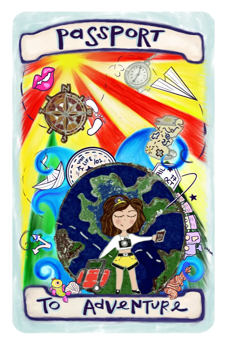 Travel card front: a girl with a suitcase and passport in front of a globe, hand-lettered Passport to Adventure, by Liss Ampuero.