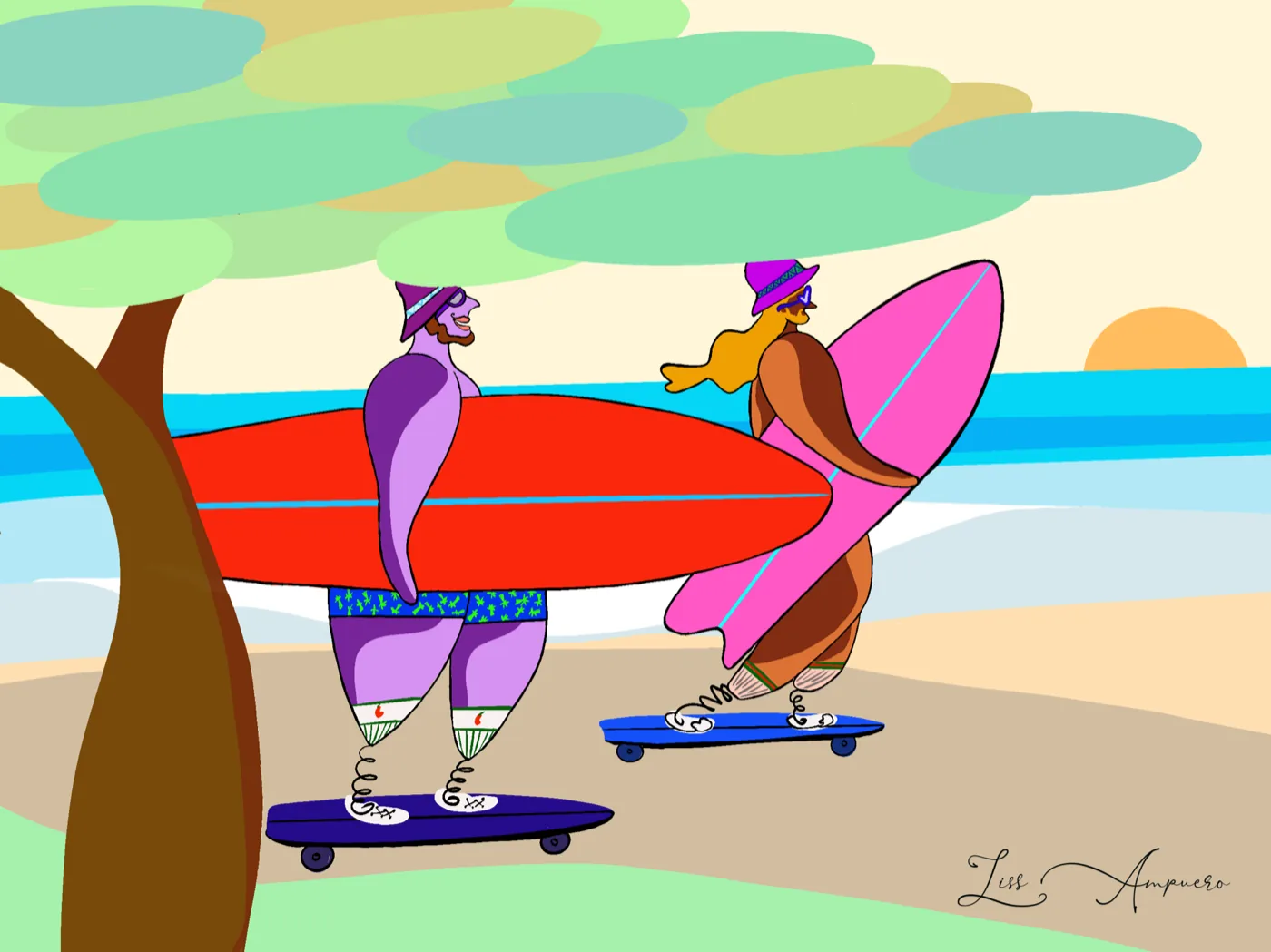 Notebook cover illustration of two spring-legged surfers on skateboards at sunset, by Liss Ampuero.