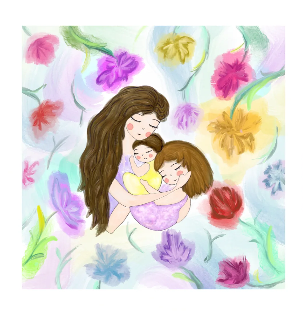 Occasion card of a mother and children in a garden, by Liss Ampuero.