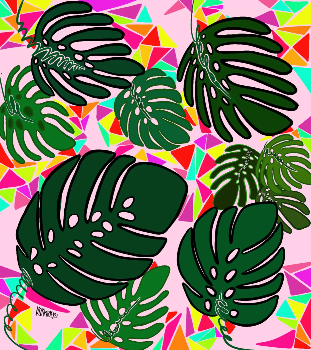Monstera mosaic textile pattern: green leaves over a pink geometric field, by Liss Ampuero.