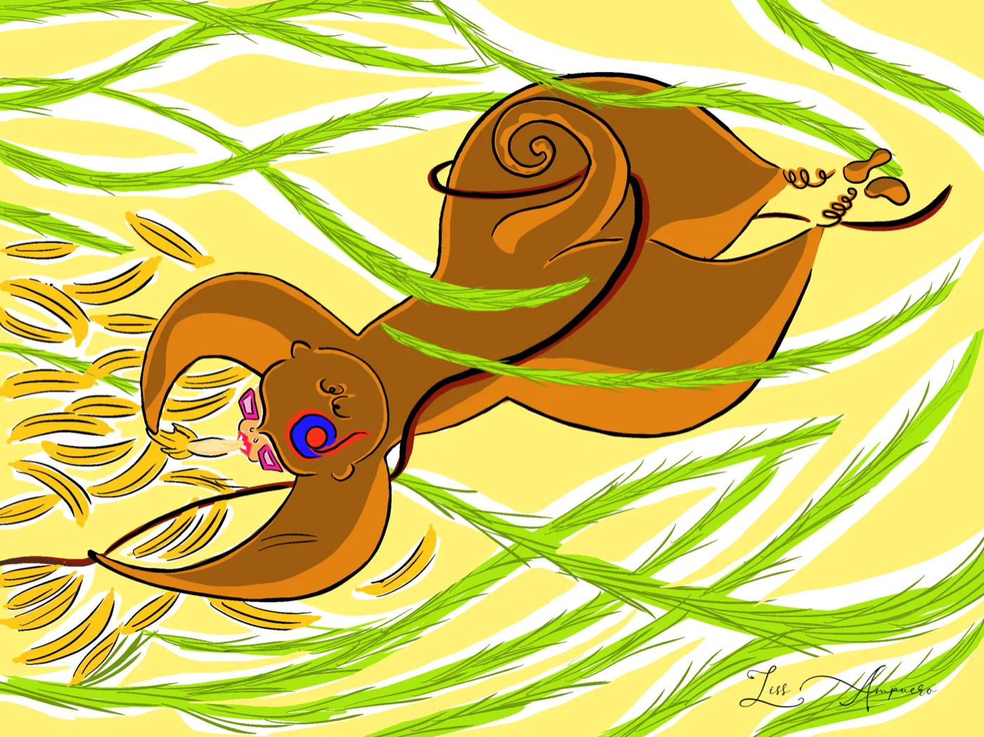 Textile pattern of a long brown creature swimming through lime grass on a pale yellow ground, by Liss Ampuero.