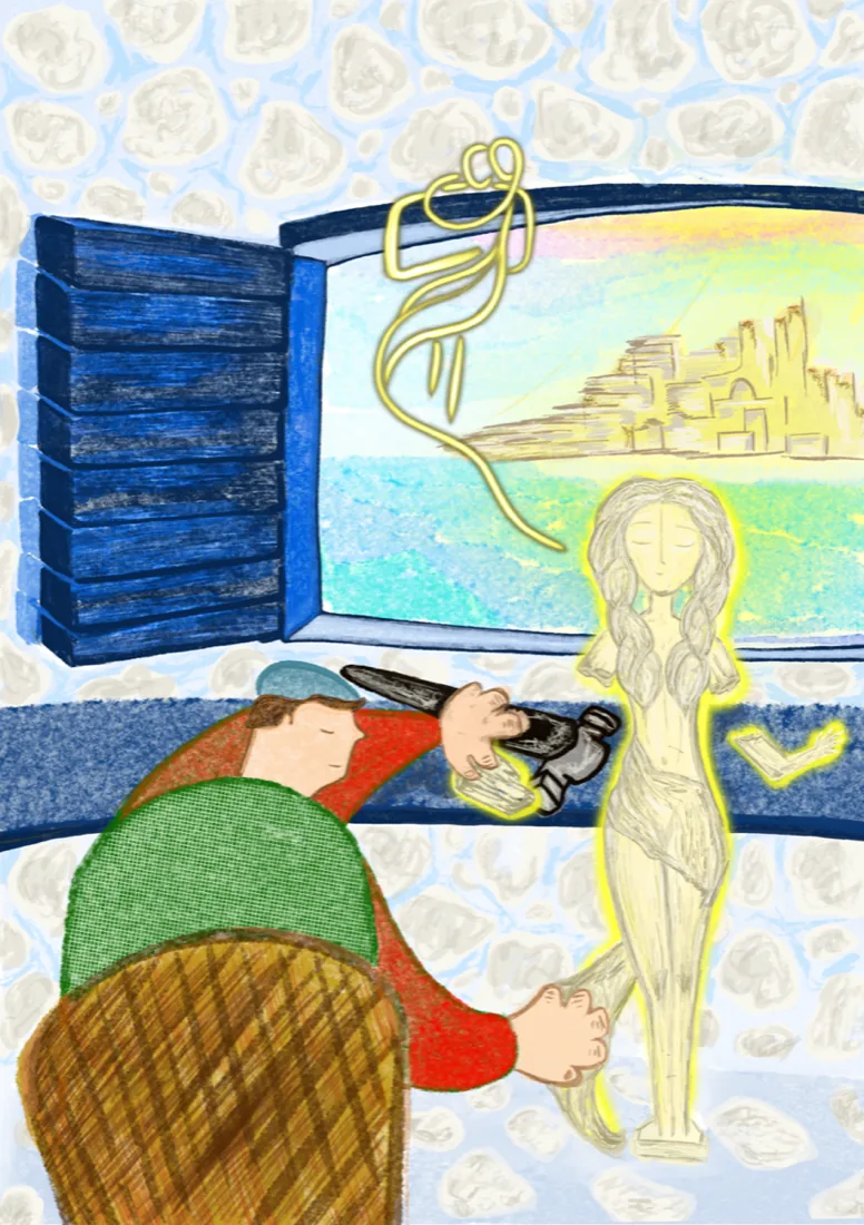 Studio illustration of a sculptor carving a glowing statue by an open window to the sea, by Liss Ampuero.