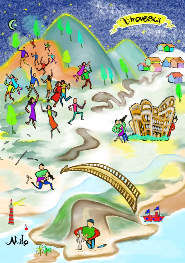 Folk map of Virovesca: dancing figures, a cathedral, a lighthouse, and a river, by Liss Ampuero.