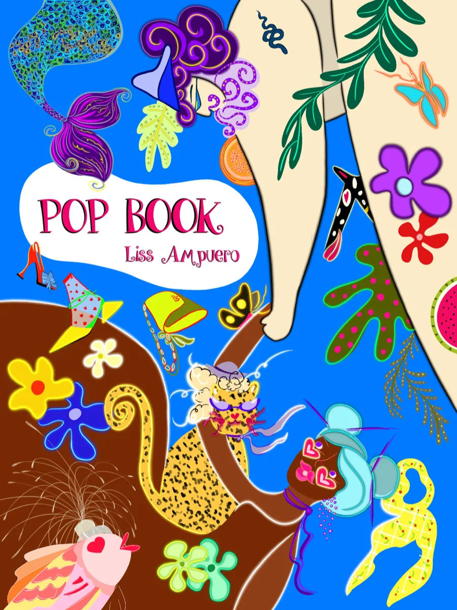 Pop Book cover illustration packed with characters, animals, and florals, by Liss Ampuero.