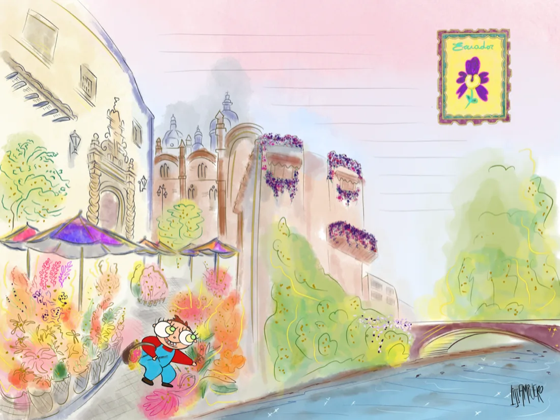 Postcard of a flower market by a canal, by Liss Ampuero.