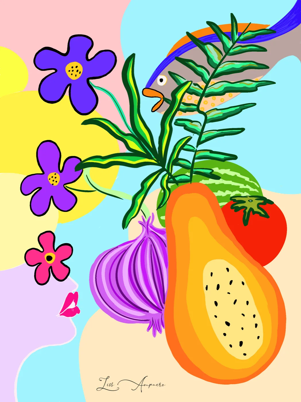 Pop still-life poster with papaya, onion, flowers, a fish, and a profile, by Liss Ampuero.