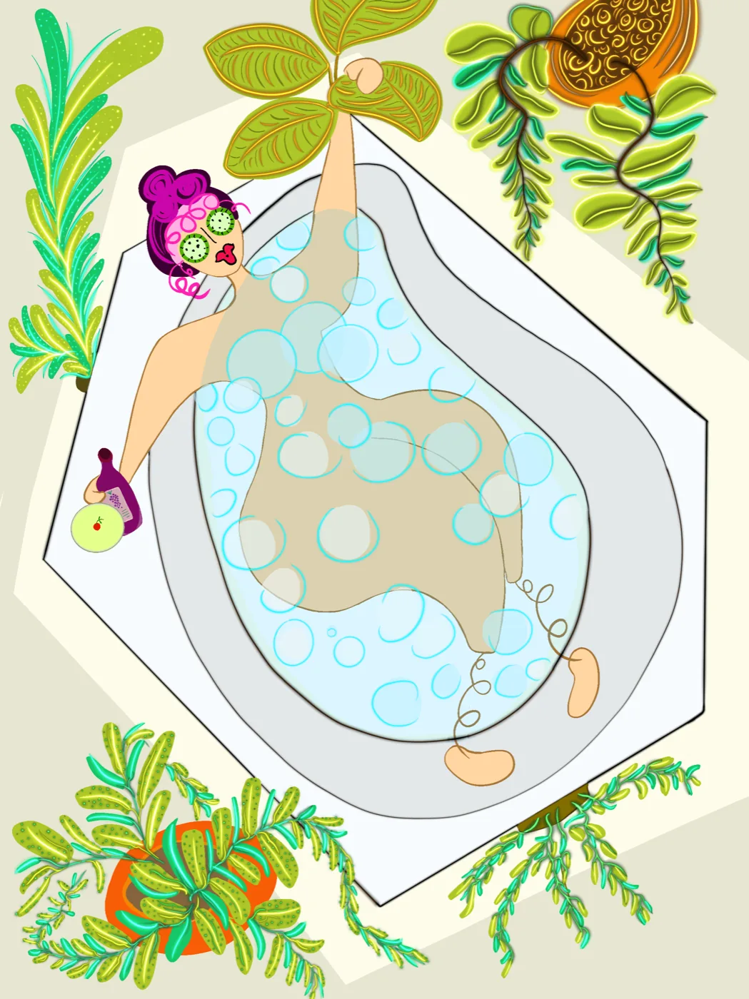 Poster of a woman in a bubble bath with cucumber slices and plants, by Liss Ampuero.