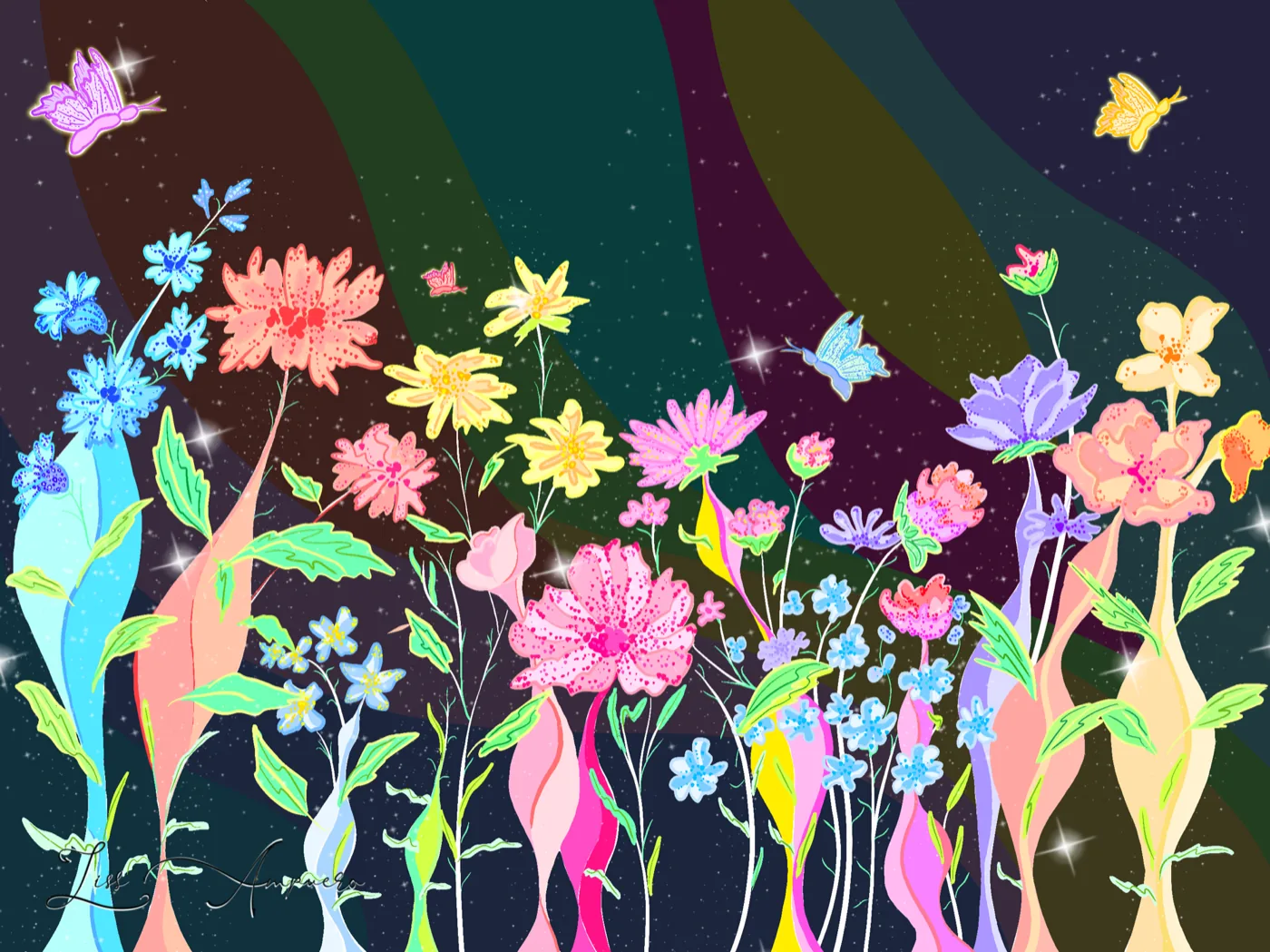 Night garden of glowing flowers and butterflies under a starry sky, by Liss Ampuero.