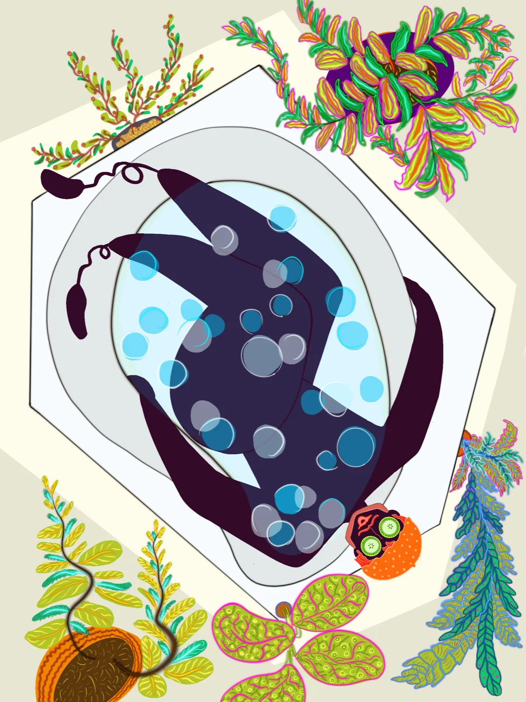 Poster of a figure in a polka-dot swim cap among tropical plants, by Liss Ampuero.