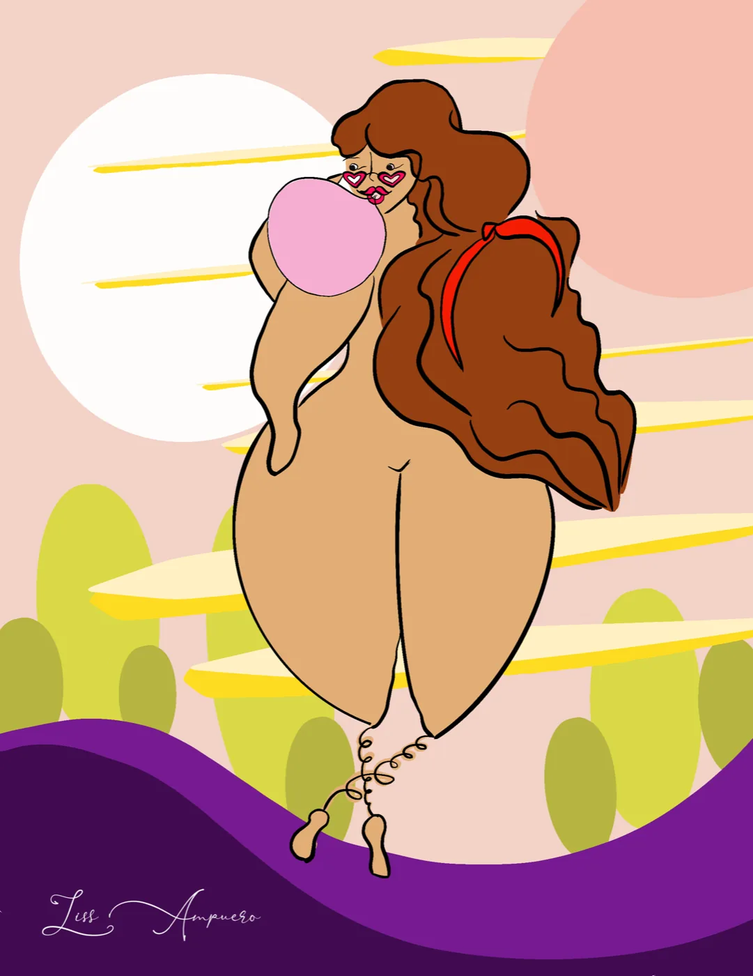 Poster one of the trilogy: a woman in heart sunglasses blowing a pink bubble against a desert sky, by Liss Ampuero.