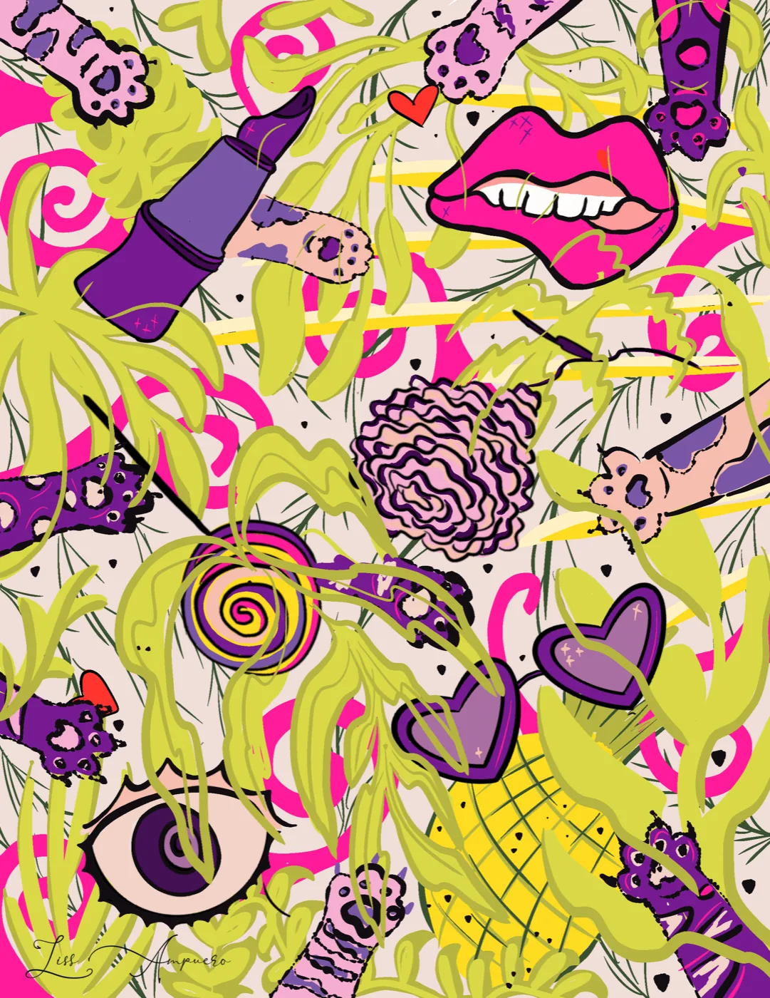 Poster two of the trilogy: a citrus pop pattern of cat paws, lips, eyes, and leaves, by Liss Ampuero.