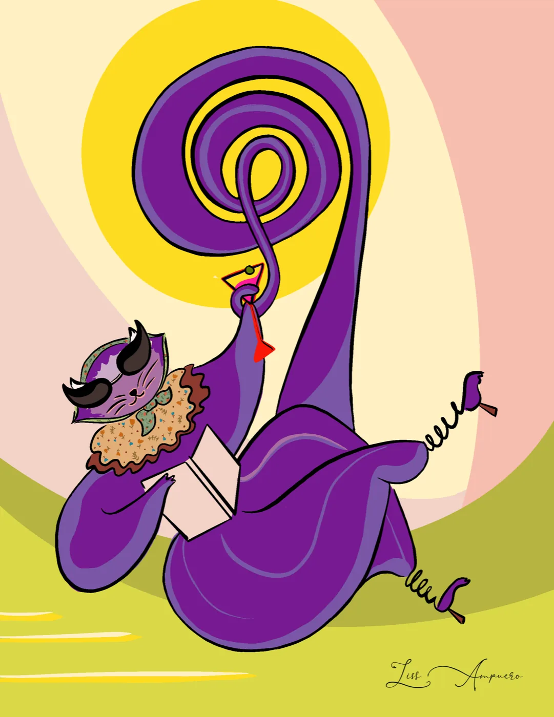 Poster three of the trilogy: a purple cat in sunglasses reading and holding a martini with its tail, by Liss Ampuero.
